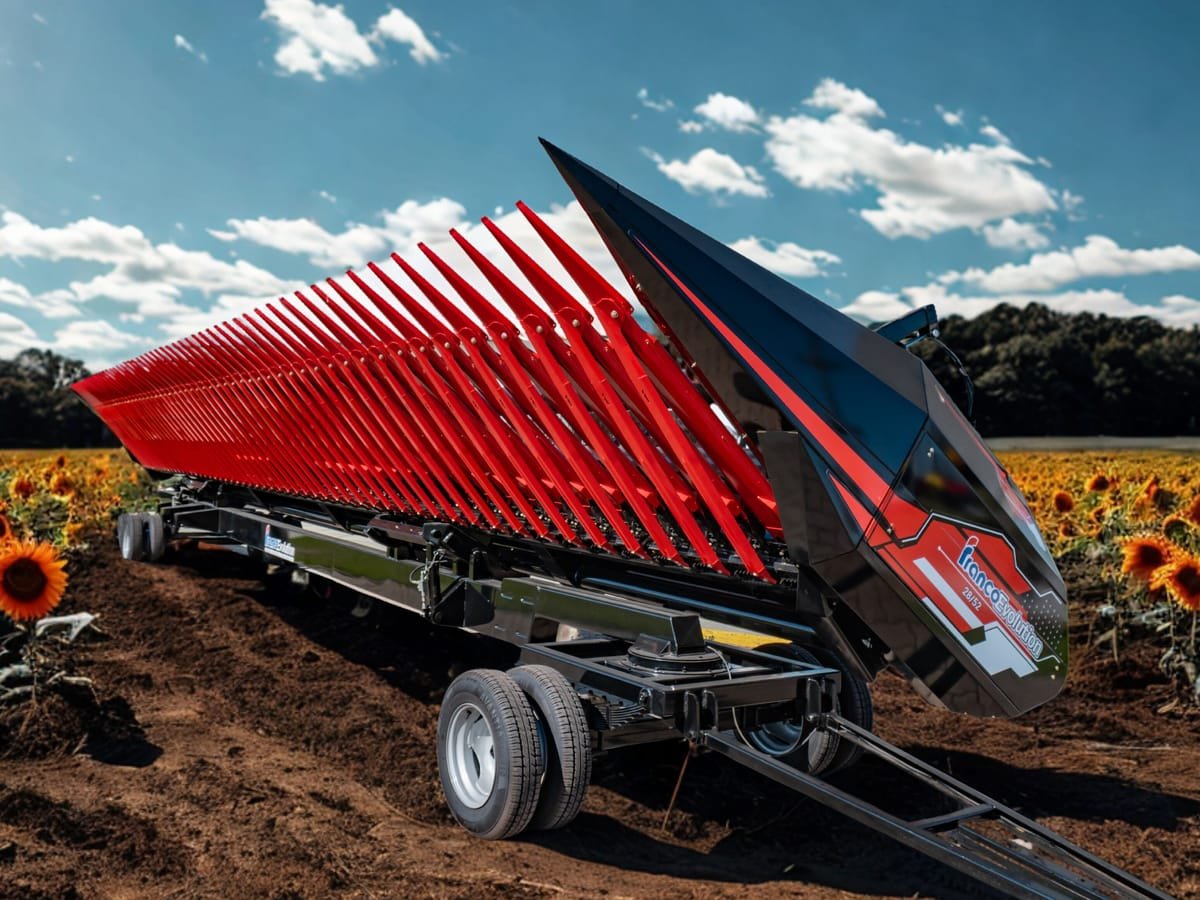 Cabezal girasolero Franco Fabril G01 Evolution de 28 surcos sobre su carro en un campo de girasol