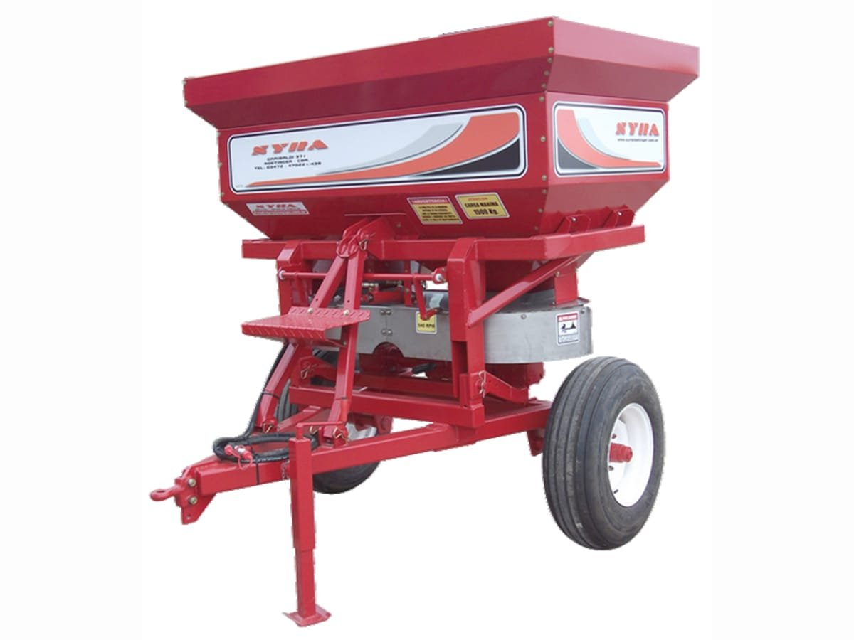 Fertilizadora Syra F 2000 de arrastre, roja, con tolva de chapa y rueda