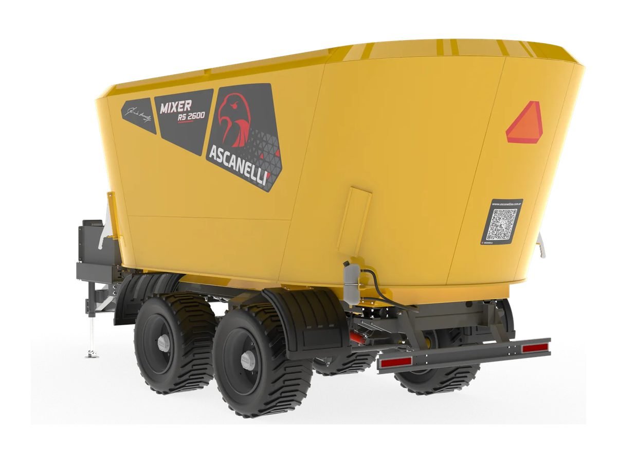 Mixer vertical Ascanelli RS2600 amarillo de dos sinfines con eje balancín de 4 ruedas