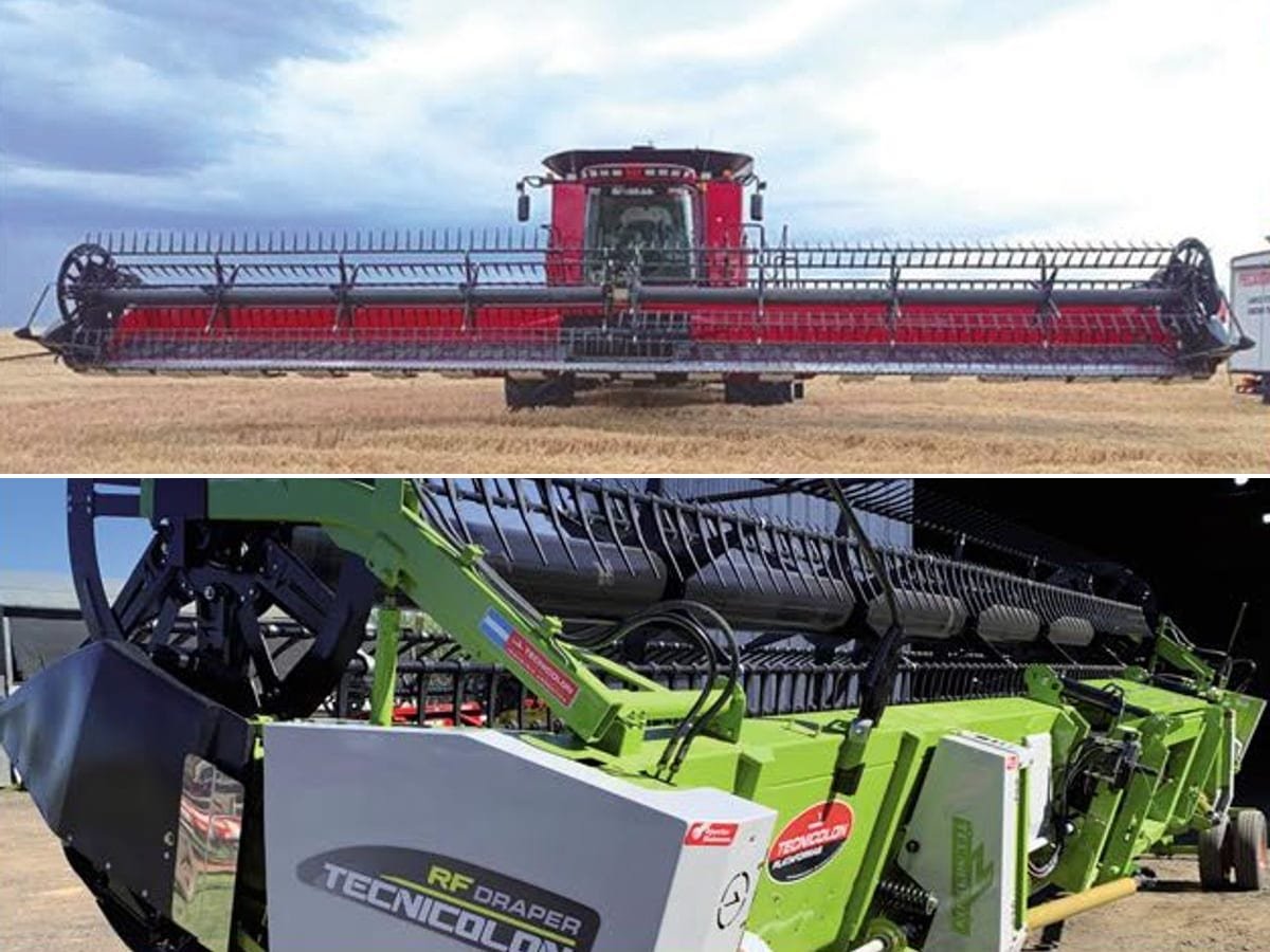 Plataformas reformadas a draper Tecnicolon: una cosechadora con draper en un trigal y un RF Draper verde